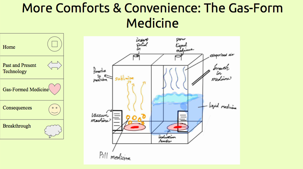 Concept design diagram of the gas-form medicine device, showing sublimation and vaporisation chambers with pill and liquid medicine inputs